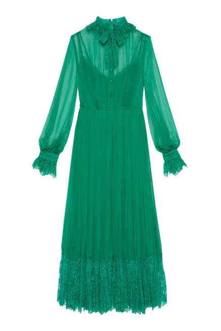 Silk Chiffon Dress with Lace Trim