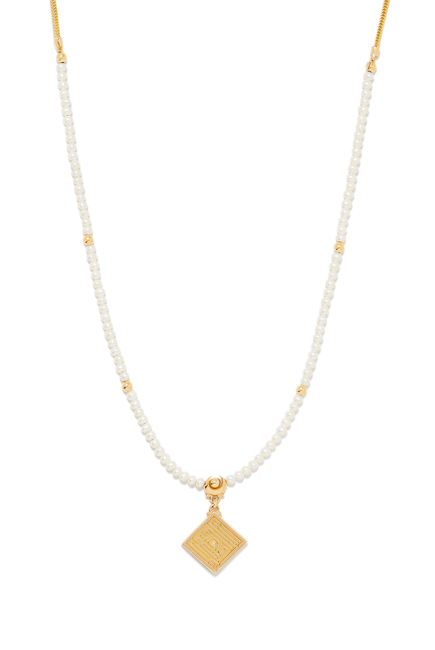 Kufi Calligraphy Necklace, 18k Gold with Sapphire & Pearl