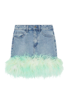 Blue Rhinestone Feather Denim Skirt