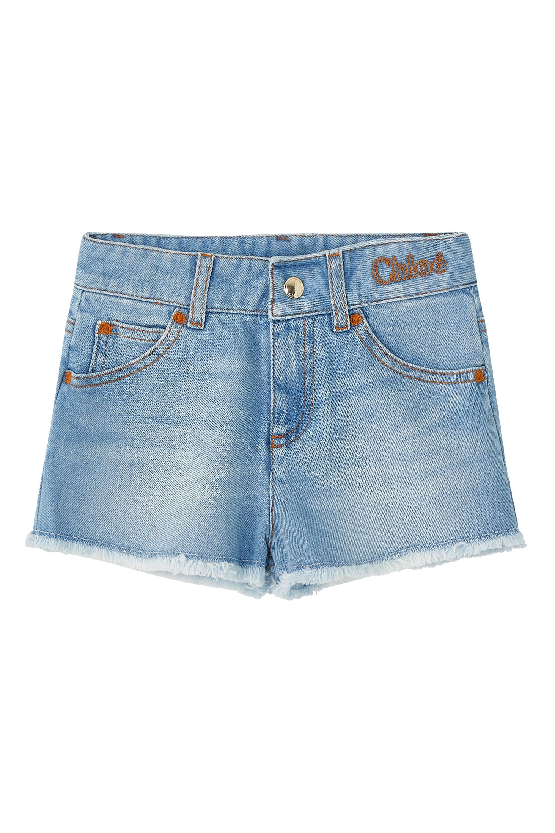 Chloé Kids logo-embroidered fringed denim shorts - Blue