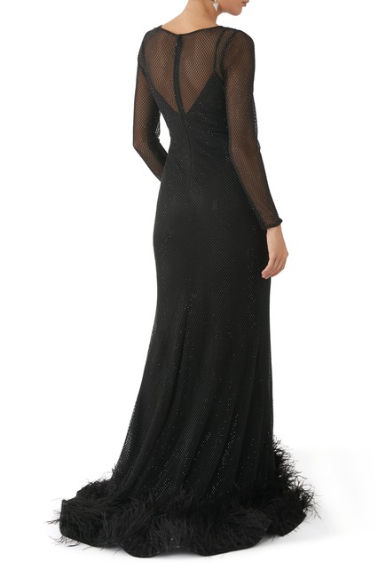 Mesh Feather Trim Gown