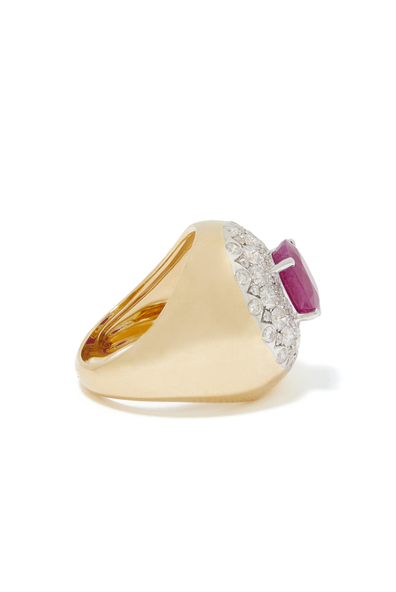 Pompadour Signet Ring, 18k Yellow Gold, Ruby & Diamonds