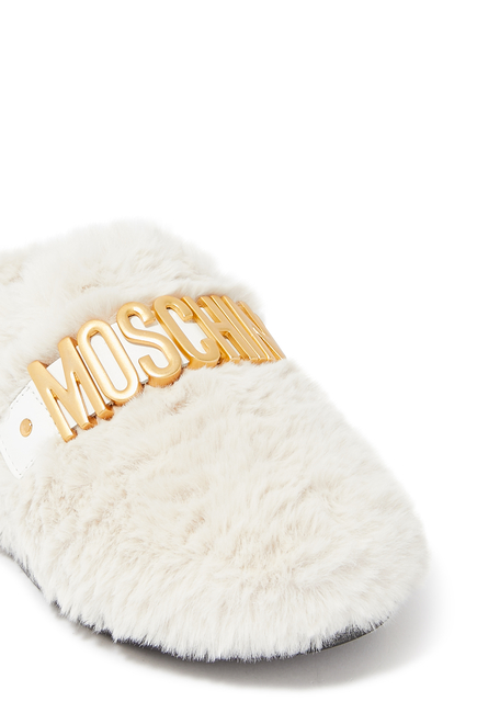 Kids Lettering Logo Soft Fur Slip-on Sliders