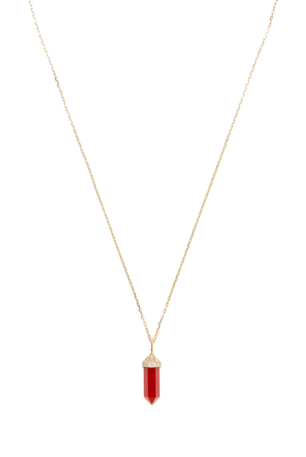 Small Vertical Chakra Necklace, 18k Yellow Gold with Diamonds & Red Carnelian