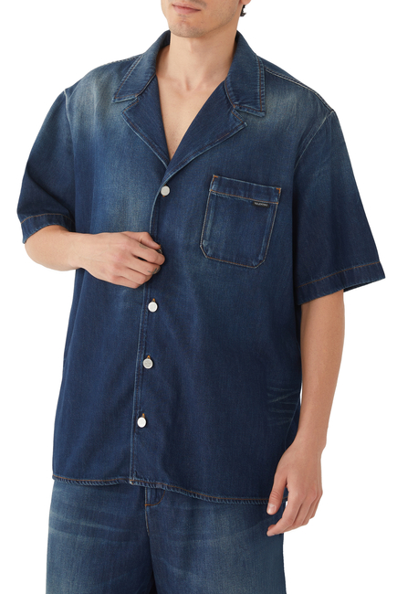 Short-Sleeved Denim Chambray Bowling Shirt