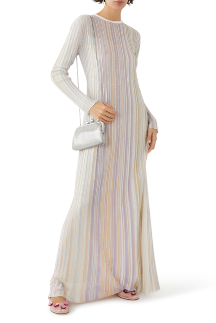 Sequin-Embellished Striped Pleated Maxi Dress