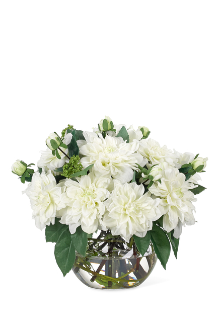 Dahlia Flowers with White Glass Bubble Vase