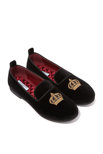 Kids Crown Detail Velvet Loafers
