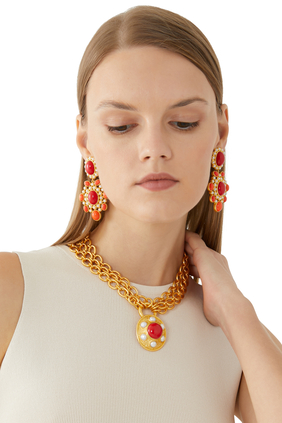 Vivienne Necklace, 24k Yellow Gold-Plated Brass, Coral & Pearls