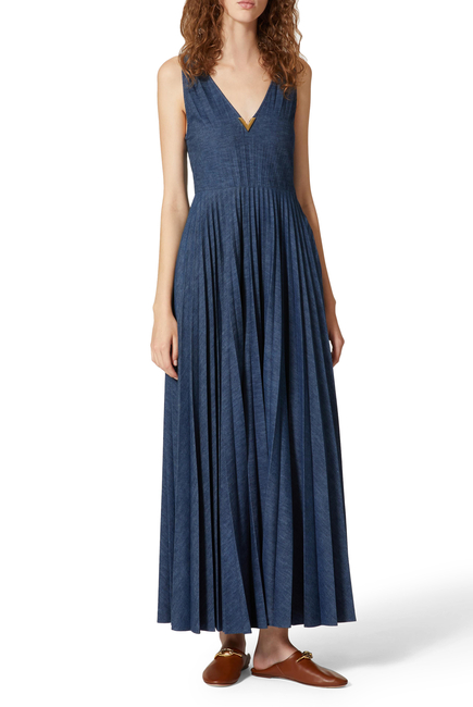 Embellished Plissé-Denim Midi Dress