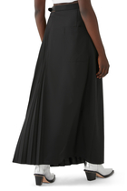 Tropical Wool Pleated Leather Belt Maxi Skirt