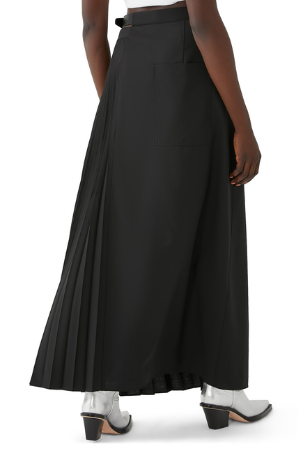 Tropical Wool Pleated Leather Belt Maxi Skirt