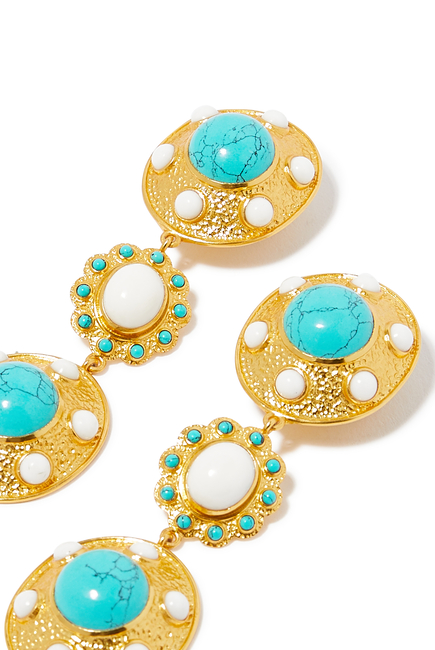 Amara Earrings, 24k Yellow Gold-Plated Brass, Turquoise & White Cabochons