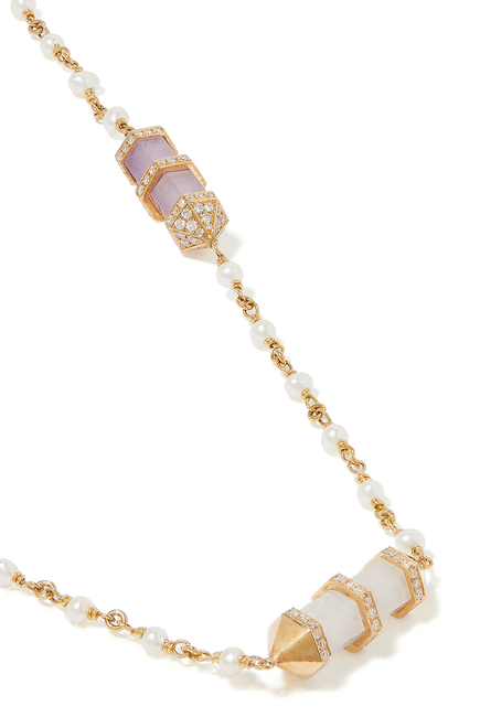 Chakra Small Horizontal Necklace, 18k Yellow Gold with Diamonds, Amethyst & Milky Quartz