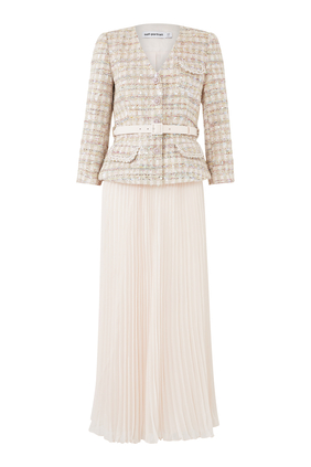 Bouclé Tweed Pleated Maxi Dress
