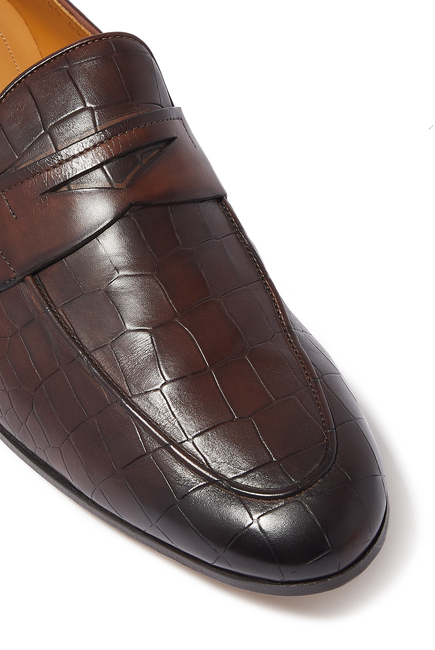 Crocodile Print Leather Penny Loafers
