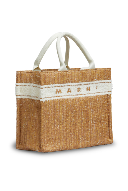 Ecru Raffia-Effect Small Tote Bag with Tufted Logo