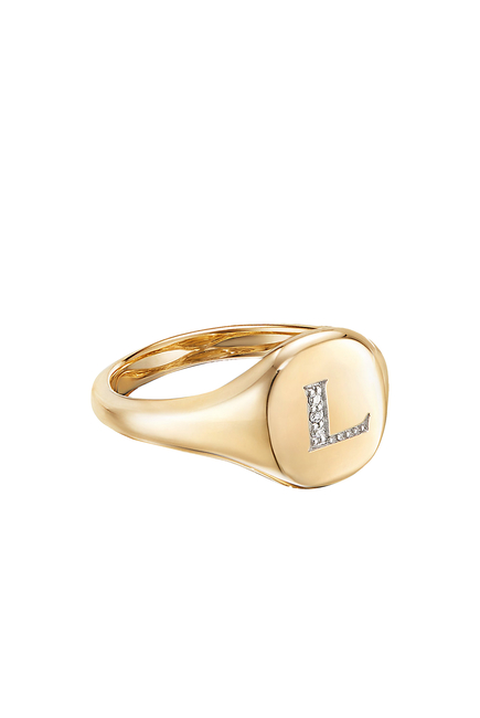 L Mini Pinky Ring, 18K Yellow Gold & Diamonds