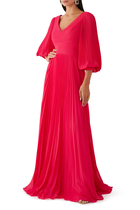 Chiffon Pleated V Neck Gown