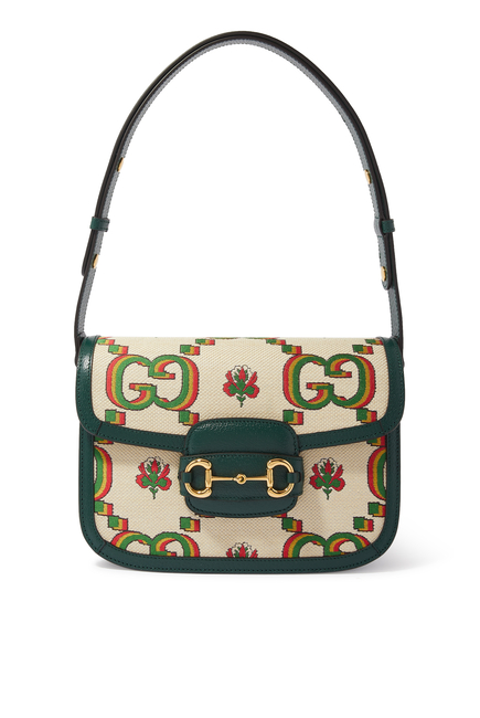 Gucci Small 100 Horsebit 1955 Bag in Beige and Green Jacquard