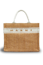 Ecru Raffia-Effect Small Tote Bag with Tufted Logo