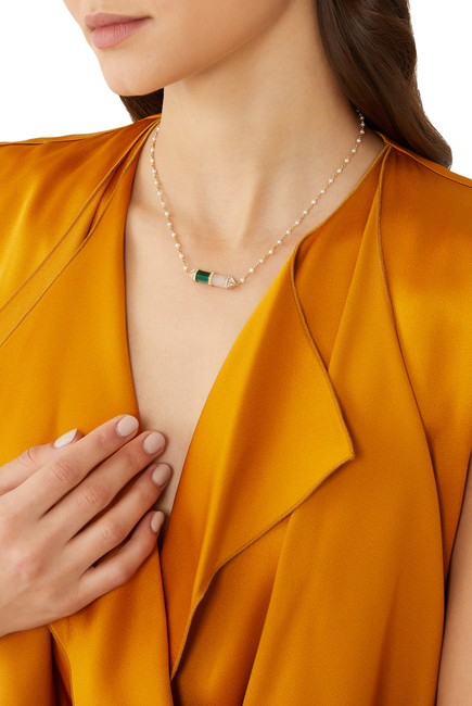 Chakra Half Medium Horizontal Pearl Necklace, 18k Yellow Gold with Diamonds, Malachite & Milky Quartz