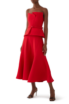 Strapless Wool Silk Peplum Midi Dress