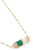 Chakra Half Medium Horizontal Pearl Necklace, 18k Yellow Gold with Diamonds, Malachite & Milky Quartz
