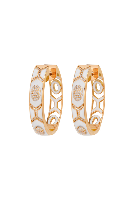 Shield Hoop Earrings, 18k Pink Gold with White Enamel & Diamonds