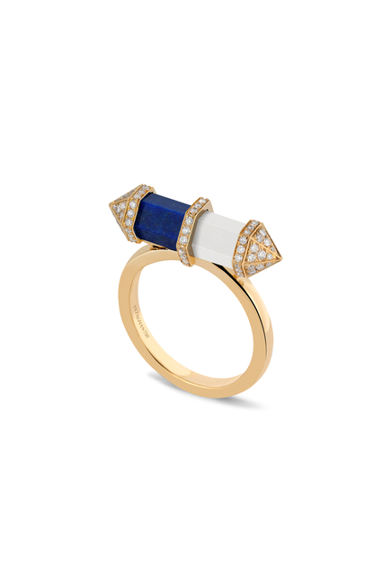 Chakra Half Small Horizontal Ring, 18k Yellow Gold with Diamonds, Lapis Lazuli & Milky Quartz