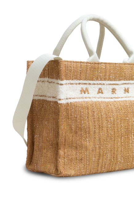 Ecru Raffia-Effect Small Tote Bag with Tufted Logo