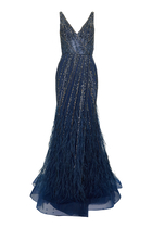 Embellished Feather-Detail Gown