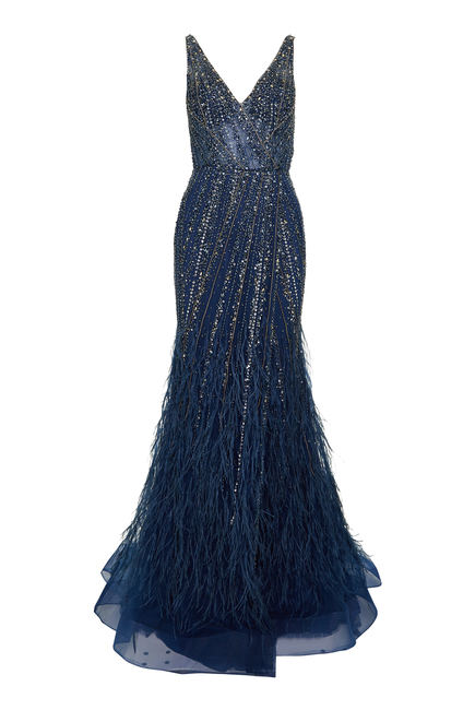 Embellished Feather-Detail Gown