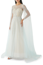 Embellished Cape-sleeve Tulle Gown