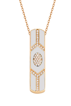 Shield Pendant, 18k Pink Gold with White Enamel & Diamonds