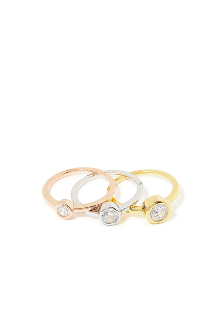 Three Toned Solitaire Ring Set, 14k Vermeil on Sterling Silver & Cubic Zirconia