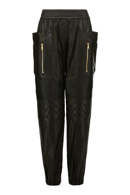 Multi-Pocket Ribbed Leather Pants