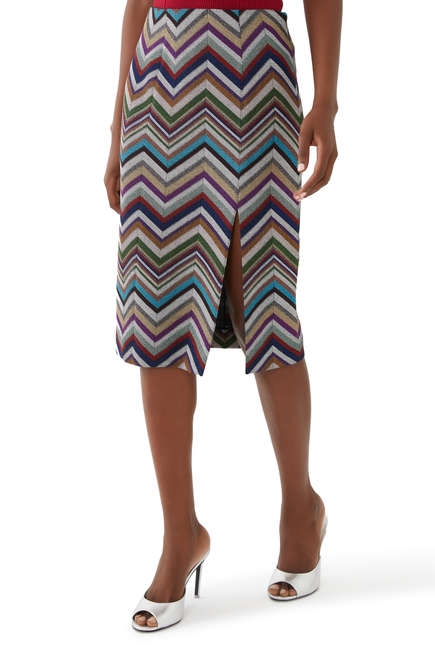 Skirt with Split in Wool and Viscose Chevron and Lurex