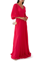 Chiffon Pleated V Neck Gown