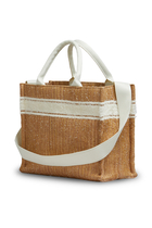 Ecru Raffia-Effect Small Tote Bag with Tufted Logo