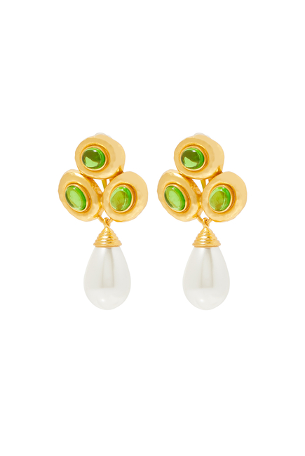 Ava Earrings, 24k Yellow Gold-Plated Brass with Green Turquoise & Pearl
