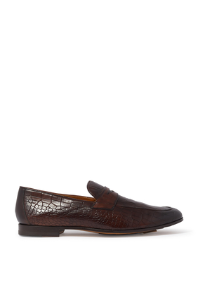 Crocodile Print Leather Penny Loafers