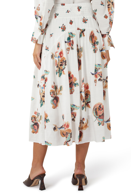 Ikat Floral Smocked Tiered Midi Skirt