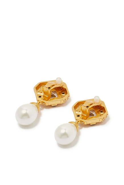 Natalie Pacifique Earrings, 24k Gold Plated Brass & Quartz Crystal & Onyx Stones & Pearl Drop