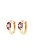 Tiny Carved Stone Huggie Earrings, 14k Yellow Gold, Amethyst & Diamond