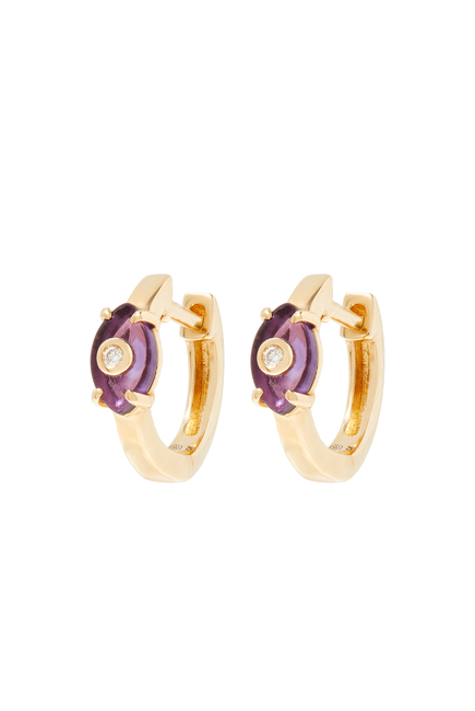 Tiny Carved Stone Huggie Earrings, 14k Yellow Gold, Amethyst & Diamond