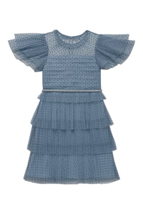 Kids Blue Dot Mesh Trim Midi Dress