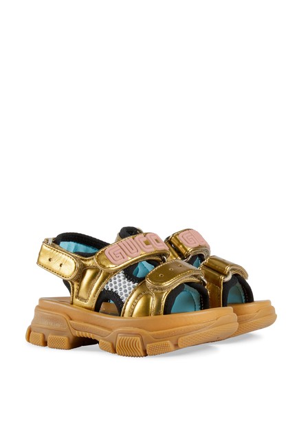 Kids Metallic Leather And Mesh Sandals