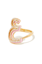 18K YG Silhouette Pink Enamel and Diamond Ring - Arabic Letter 3A:Yellow Gold:52