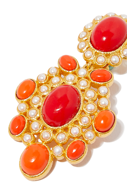 Isola Earrings, 24k Yellow Gold-Plated Brass, Coral & Pearls